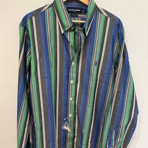 Ralph Lauren Men's Blue and Green Striped Shirt